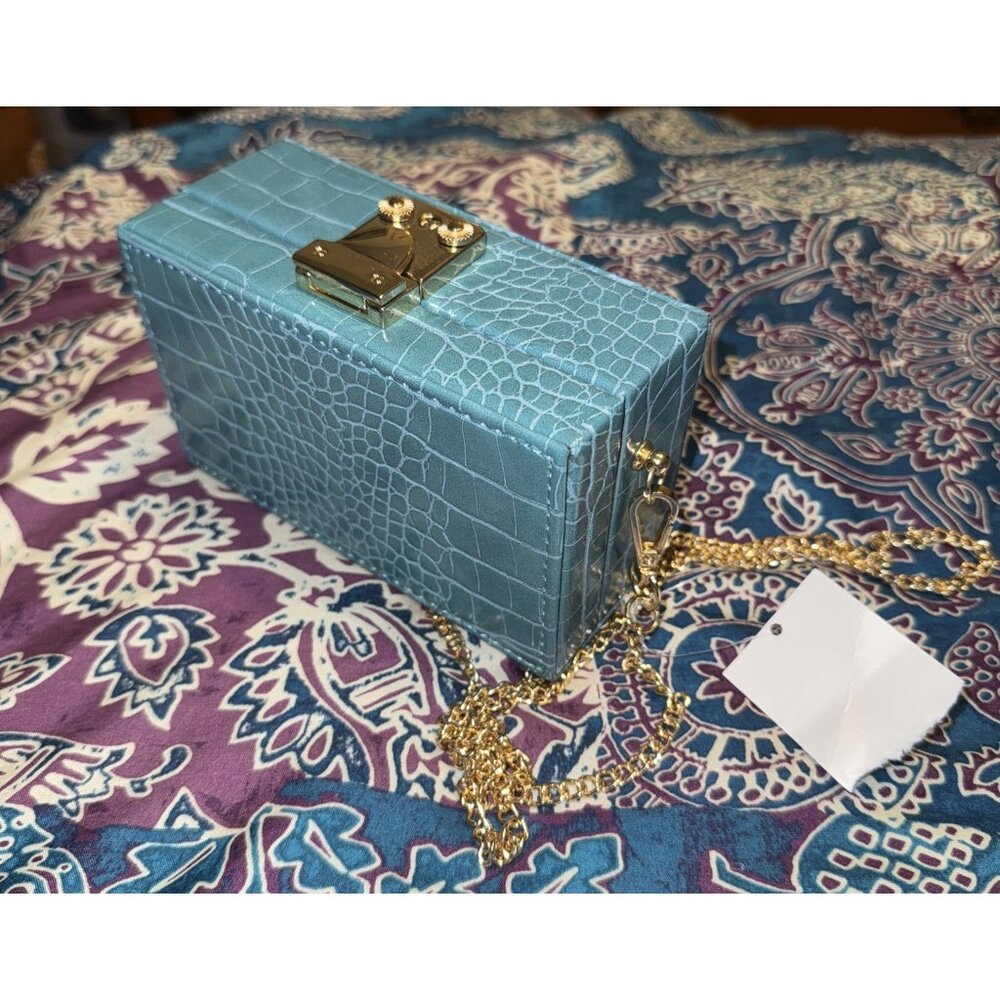 Evening Bag Faux Leather Blue Gold Purse Chain Shoulder Handbag Square Lock/Key